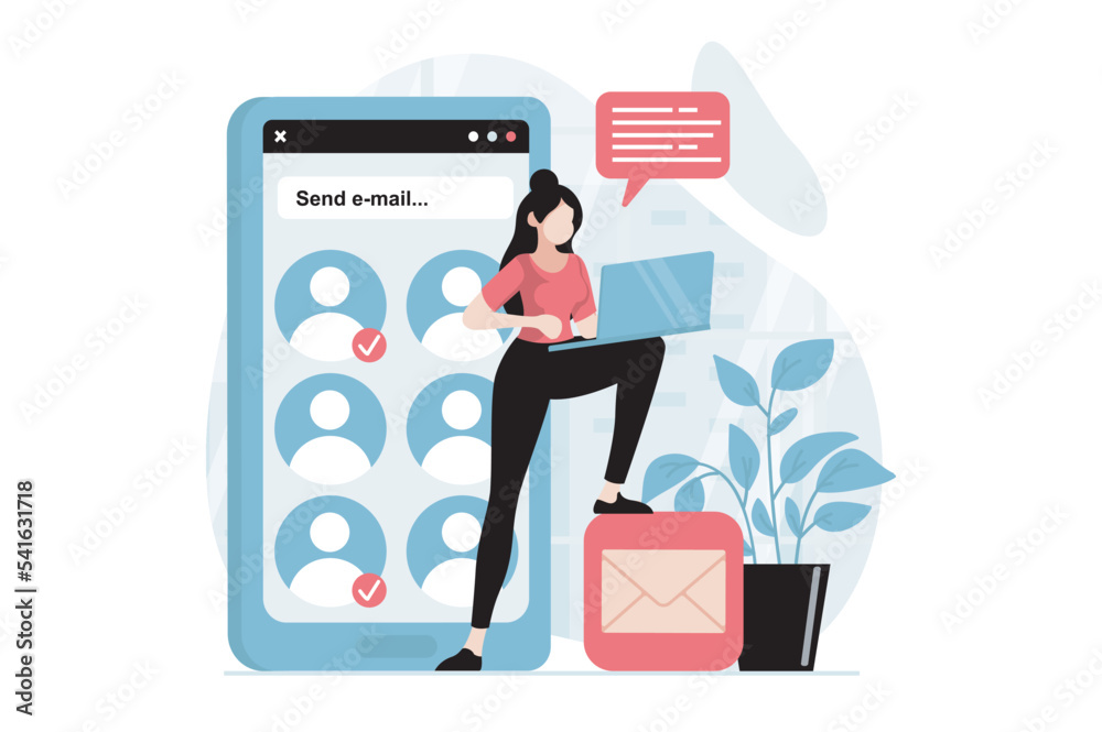 Poster Email service concept with people scene in flat design. Woman sending lot of letters to online contacts with promo mailing using mail client app. Vector illustration with character situation for web
