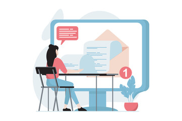 Email service concept with people scene in flat design. Woman writing new letters and communicate online using mail client program at computer. Vector illustration with character situation for web