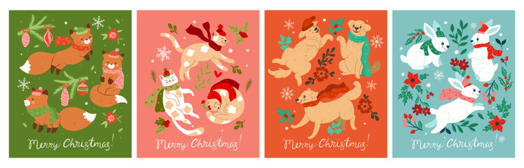 Set of Christmas cards with cute animals in scarves and hats. Vector graphics.