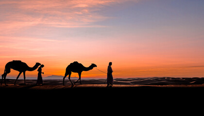 A camel caravan crosses the desert.
