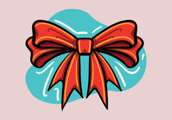 Hand drawn isolated knotted red ribbon bow in cartoon style. 