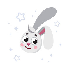 Rabbit head. Hare with stars, kids illustration, print for clothing. Symbol of lunar new year. Vector cartoon rabbit. Character, mascot, symbol, sign of  Chinese New year.