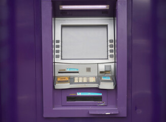 ATM system Screen and keypad for withdrawing cash purple.