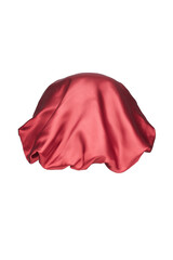 Close-up shot of a red sleep cap with a wide elastic band. A satin hair bonnet for protecting hair at night is isolated on a white background. Back view.