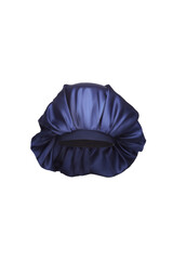 Close-up shot of a dark blue sleep cap with a wide elastic band. A satin hair bonnet for protecting hair at night is isolated on a white background. Front view.