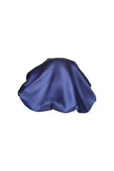 Close-up shot of a dark blue sleep cap with a wide elastic band. A satin hair bonnet for protecting hair at night is isolated on a white background. Back view.