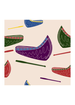 Editable Vector of Oblique View Native American Canoe With Paddle Illustration in Various Colors as Seamless Pattern for Creating Background of Traditional Culture and History Related Design