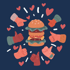 Cartoon vector illustration of burger and giving a thumbs up