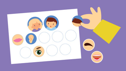 Round stickers with people's faces, ears, eyes, eyebrows