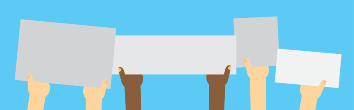 Vector illustration of people holding signs, banner and placards on a protest demostration or picket. People against violence, pollution, descrimination, human rights violation.