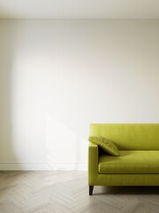Green sofa in the interior, with free space on the wall. 3d rendering