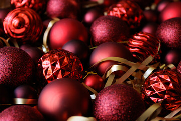 christmas and new year background - close up of red Christmas balls - Powered by Adobe