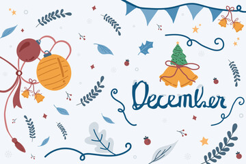 December hand writing month with ornament in Christmas seasonal flowers and leaves. Decoration letters, Illustration December.