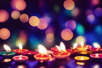 Obraz na płótnie Canvas Happy Diwali - Diya lamps lit during diwali celebration, blue tone, bokeh background