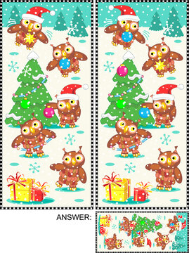 Difference game with owls decorating fir tree for winter holidays. Answer included.
