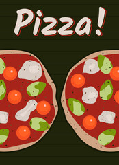 Flat illustration with two margherita pizzas and text "Pizza!". The illustration can be used for restaurants, cafes, lifestyle blogs, recipes