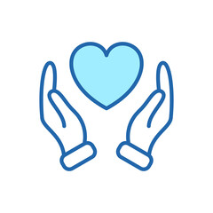 Hands Holding Love Heart. Care, Save, Charity, Volunteering and Donate Concept. Symbol of Goodness, Love, Hope and Mercy. Symbol of Love and Charity. Editable stroke. Vector illustration