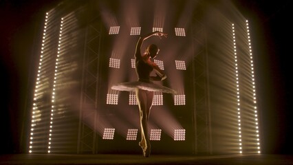 Young ballerina in white tutu dancing in pointe shoes on tiptoes against backdrop of smoke and spotlights with soft white light. Silhouette of flexible woman ballet dancer performing dance pas in dark
