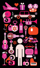 Colored  isolated on a black background silhouette of a man surrounded by random things vector design. Each one of the design element created on a separate layer and can be used as a standalone image.