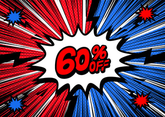 60 Percent OFF Discount on a Comics style bang shape background. Pop art comic discount promotion banners.