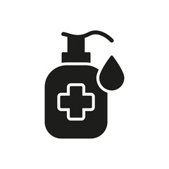 Hand Sanitizer Bottle Silhouette Icon. Hygiene Product Black Icon. Antiseptic Liquid or Sanitizer Gel for Kill Bacteria, Fungi. Disinfection Alcohol Bottle with Pump. Isolated Vector illustration