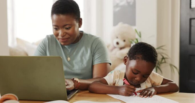 Mother typing on laptop with kid, kissing child while online, working from home office and family support. African girl drawing at table, black mom writing business email and elearning technology