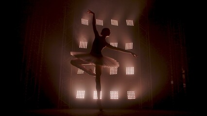 Young ballerina in white tutu dancing in pointe shoes on tiptoes against backdrop of smoke and...