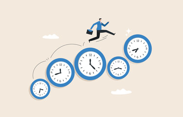 time management techniques. Manage time for rush.  businessman running on group of time clocks.