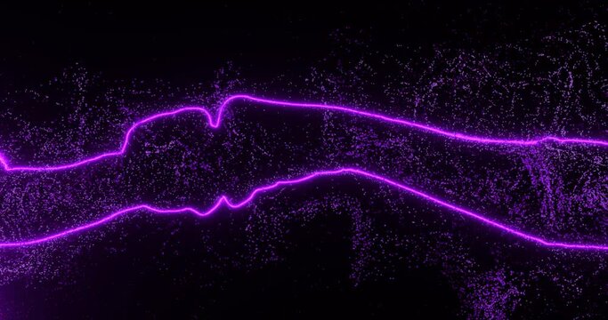 Fist fight. Neon bright lines of the silhouette of hands fighting each other. Bright particles fly nearby. 3d graphics vfx. The concept of enmity, war, competition.