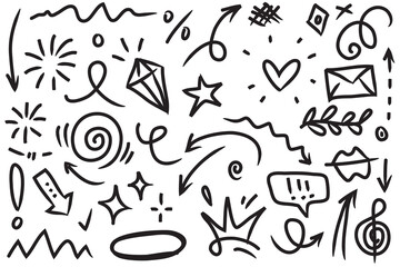 Abstract arrows, ribbons, fireworks, hearts, lightning,love , leaf, stars, cone, crowns and other elements in a hand drawn style for concept designs. Scribble illustration.