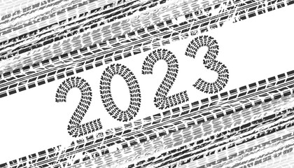 2023 new year card with tire wheel marks of cars. Vector illustration