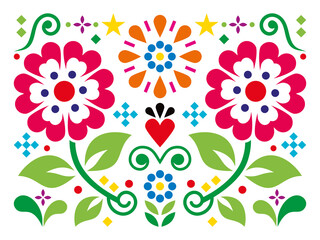 Fototapeta na wymiar Mexican folk art style vector greeting card or invitation design with heart, flowers and leaves 