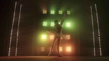 Silhouette of ballerina in form of white swan dancing ballet elements against background of smoke and spotlights with soft red green light. Woman in tutu and pointe dances gracefully in the dark. © kinomaster
