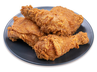 Fried chicken isolated on white, Fried chicken on black dish ready to serve. PNG File