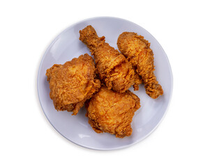 Fried chicken isolated on white With clipping path, Fried chicken on white dish ready to serve.