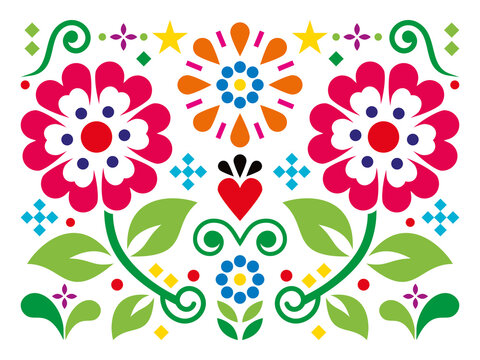 Mexican folk art style vector greeting card or invitation design with heart, flowers and leaves
