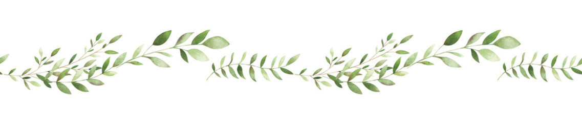 Watercolor seamless border with delicate branches. Horizontal repeatable frame for creative design