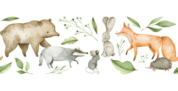 Watercolor seamless border with woodland hedgehog, fox, bear, rabbit, mouse, badger and greenery. Horizontal repeatable frame for creative design © Liubov