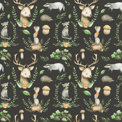 Watercolor seamless pattern with hedgehog, deer, raccoon, badger, bunny, mushrooms, flowers and greenery. Black background for creative design