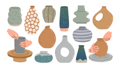 Various ceramic Vases. Different shapes. Pottery workshop, pottery wheel. Hand drawn Vector set. Trendy illustration. - obrazy, fototapety, plakaty