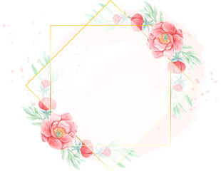 watercolor red peony with round golden wreath frame