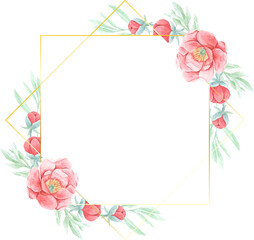 watercolor red peony with round golden wreath frame