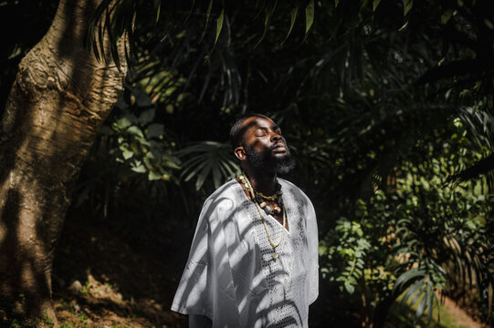portrait of an african man in an agbada around palm trees