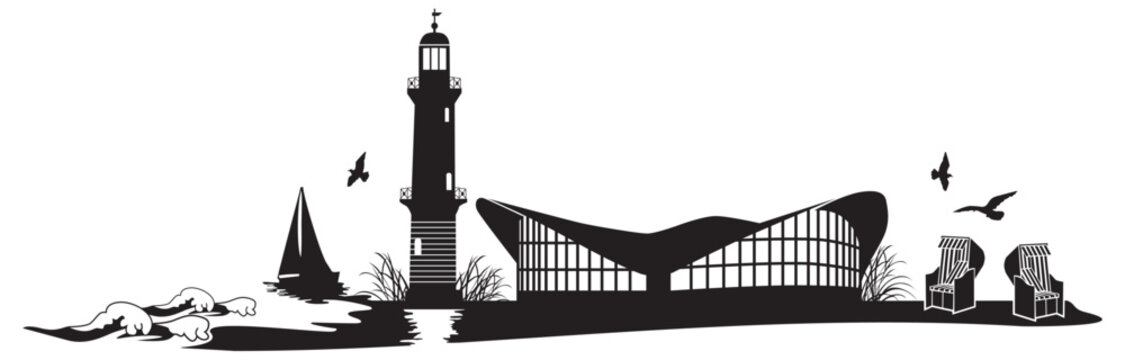 Warnem&uuml;nde Skyline  mit Leuchtturm, Teepott und Segler als Vektoren