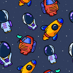 Astronauts and Rockets in Space Cartoon Pattern Clipart