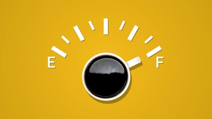 Scale of fuel indicator, showing fuel level with cup black coffee at yellow background. Coffee creative idea background. Loading status bar. Modern Web icon. Graphic style with cup coffee.