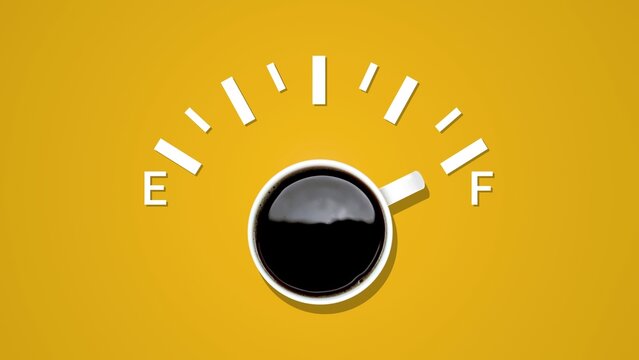Scale of fuel indicator, showing fuel level with cup black coffee at yellow background. Coffee creative idea background. Loading status bar. Modern Web icon. Graphic style with cup coffee.
