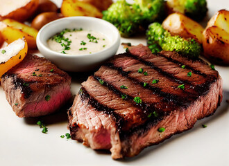 Beef steak with potatoes, broccoli and sauce.