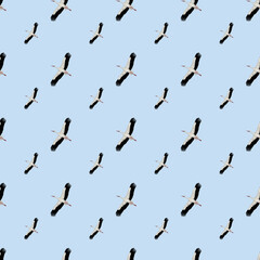 The stork is flying in the blue sky. Seamless pattern