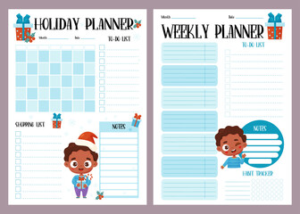 Holiday male planner set. Organizer, month calendar, weekly plan, to-do, shopping list, habit tracker and notes with black ethnic boy. Vector vertical template for New Year, Christmas, festive design. - obrazy, fototapety, plakaty